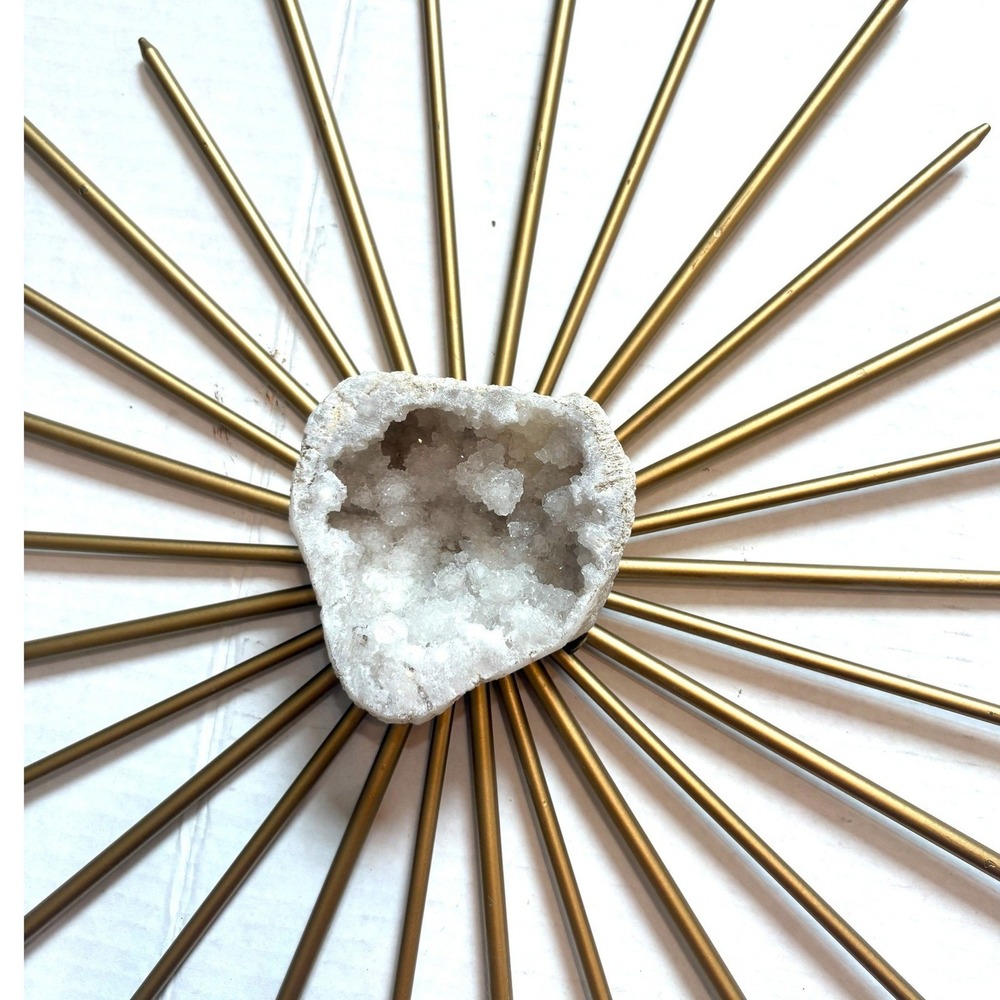 Gold MCM Metal Sunburst Wall Art Set Natural White Quartz Geode Centers 2pc - Picture 10 of 10